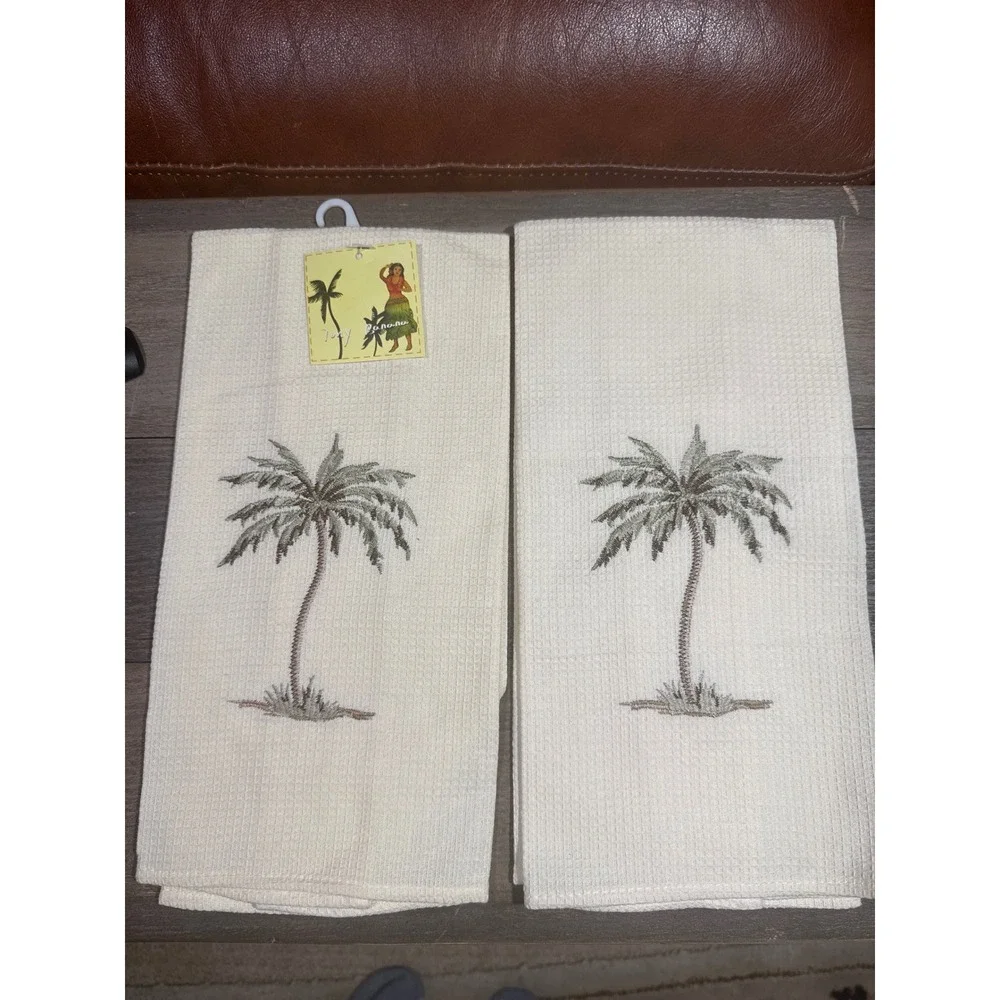 Ivy Banana Palm Tree Embroidered Waffle Weave Cotton Kitchen Towels Cream Set /2